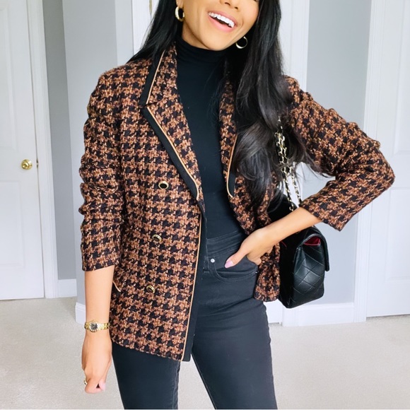 Vintage Jackets & Blazers - Vintage | Brown and Gold Tweed Double Breasted Houndstooth Blazer